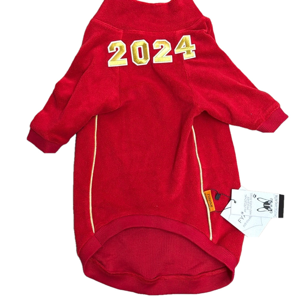 2024 RED FLEECE Dog Jacket w/ gold trim and attached gold wings NWT